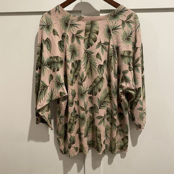 J Jill Sweater Women Petite LP Pink Green Pullover Royal Palm Leaf Printed NWT - Picture 11 of 16